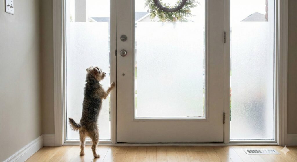 A small dog looking at a window covered with opaque frosted film, an effective environmental management technique to block triggers for territorial dog barking.
