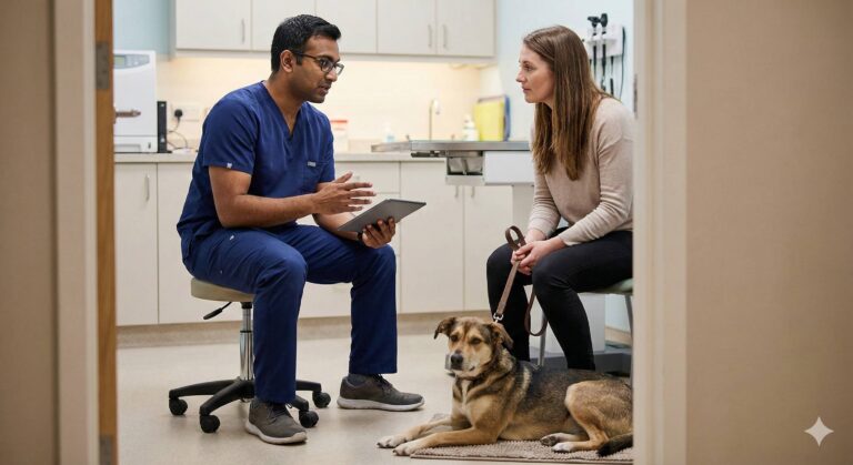 eterinarian consulting with owner about behavior problems in dogs.