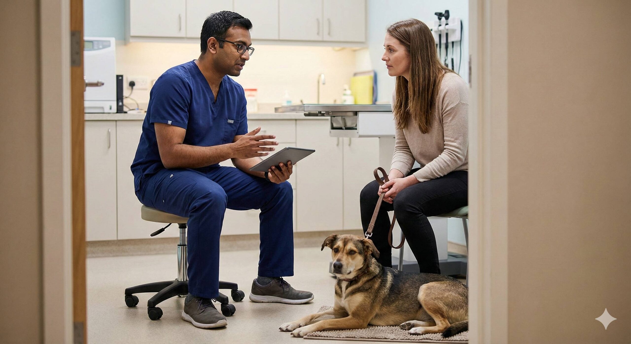 eterinarian consulting with owner about behavior problems in dogs.