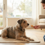 A dog lying calmly on a mat receiving a treat from its owner while a delivery person passes outside the window, illustrating positive reinforcement to stop excessive dog barking at visitors.