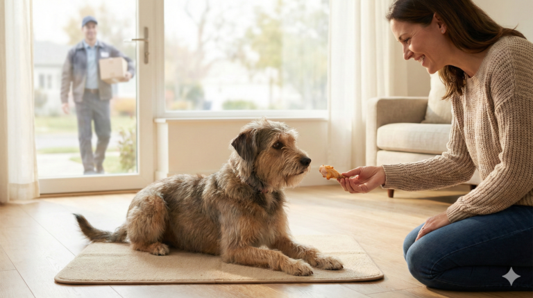 A dog lying calmly on a mat receiving a treat from its owner while a delivery person passes outside the window, illustrating positive reinforcement to stop excessive dog barking at visitors.