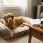 A dog sitting calmly in a steamy bathroom with its owner, demonstrating steam therapy as one of the safe home remedies for dog coughing