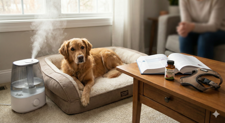 A dog sitting calmly in a steamy bathroom with its owner, demonstrating steam therapy as one of the safe home remedies for dog coughing