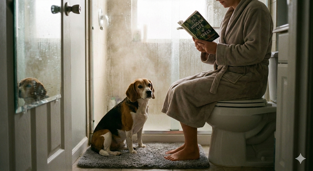 A beagle sitting in a steamy bathroom with its owner, demonstrating steam therapy as one of the supportive home remedies for dog coughing