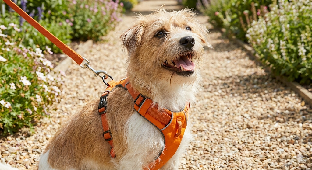 A close-up photograph of a small, fluffy terrier mix wearing a well-fitted, padded no-pull chest harness outdoors. The leash attachment is on the back, clearly showing no pressure around the dog's neck or trachea. The dog is looking up happily on a garden path.