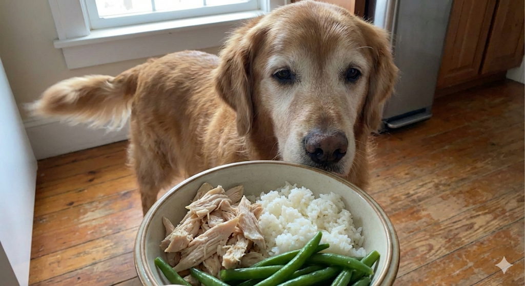 Fresh foods that support dog heart health including chicken and rice.