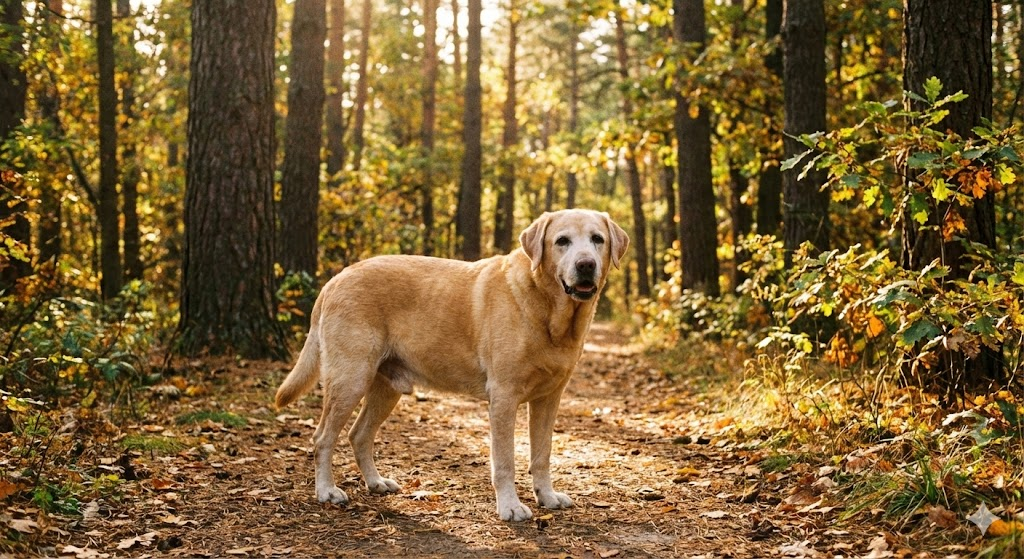 Senior Labrador on a trail demonstrating success in preventing arthritis in older dogs.]
