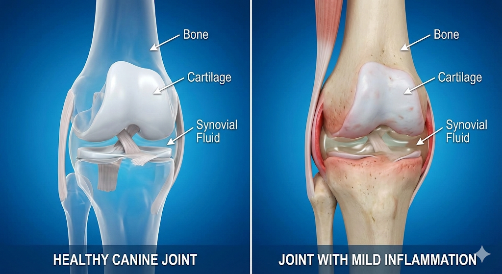 Joint anatomy comparison relevant to preventing arthritis in older dogs.]